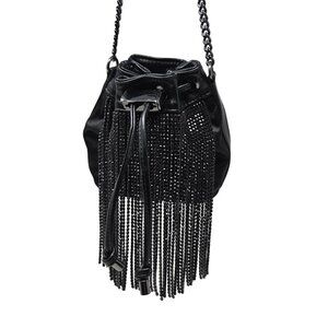 Aldo‎ Mackie Black Faux Leather Bucket Bag Rhinestone Fringe Festival Party